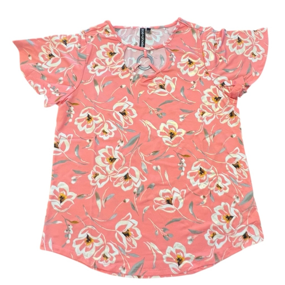Zoe + Phoebe Gold Floral Print Top Short Sleeve Womens Size Small‎ Silver Decor
